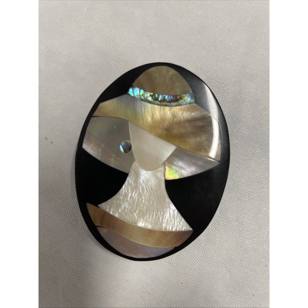 Abalone Mother Of Pearl Inlay Black Oval Lady Silhouette Brooch Vintage - Picture 4 of 4